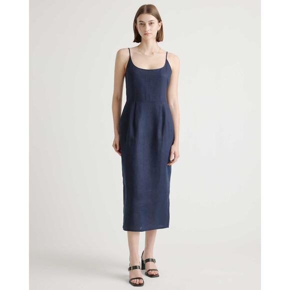 [Quince] Deep Navy 100% European Linen Scoop Neck Midi Dress NWT Size Medium M - Picture 1 of 10